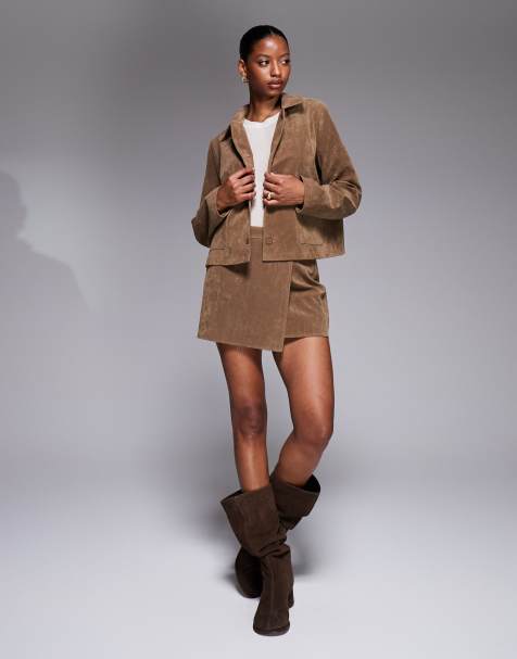 Kaiia exclusive faux suede wrap detail mini skirt co-ord in tan - view 1
