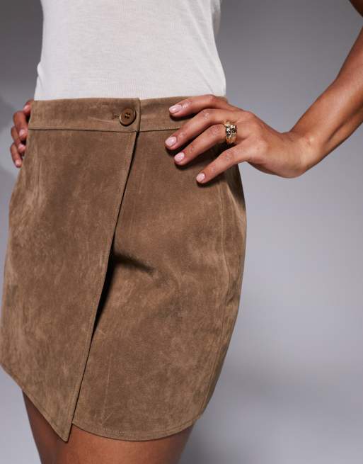 Kaiia exclusive faux suede wrap detail mini skirt co-ord in tan, 3 of 5