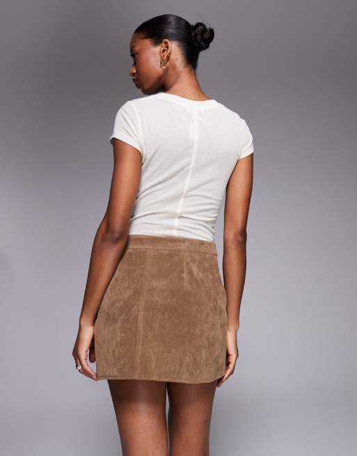 Kaiia exclusive faux suede wrap detail mini skirt co-ord in tan, 4 of 5