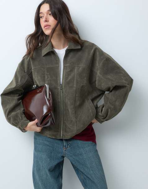 Kaiia exclusive faux suede zip through bomber jacket in olive - view 1