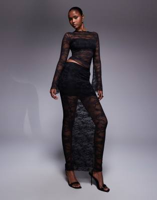 Kaiia - Exclusive - Figurbetonter Maxirock aus Spitze in Schwarz mit transparentem Saum, Kombiteil