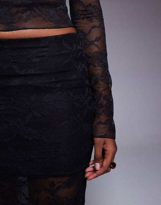 Kaiia – Exclusive – Figurbetonter Maxirock aus Spitze in Schwarz mit transparentem Saum, Kombiteil, 3 von 5