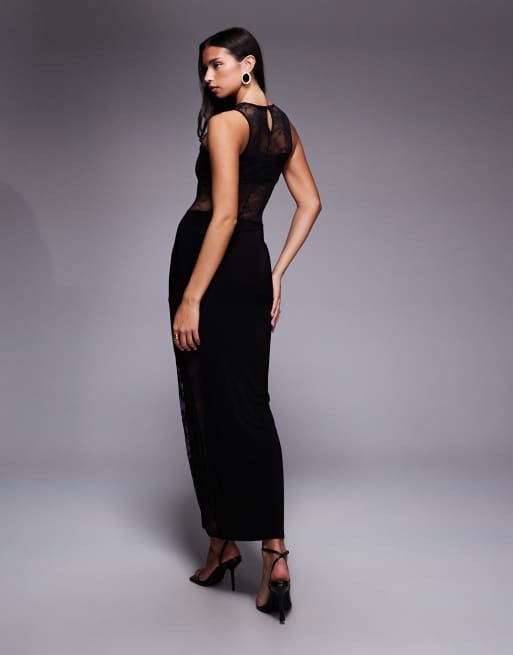 Kaiia – Exclusive – Figurbetontes, ärmelloses Maxikleid in Schwarz mit transparenten Spitzeneinsätzen, 4 von 4