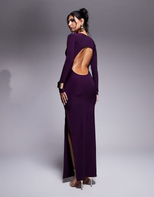 Kaiia - Exclusive - Figurbetontes, doppellagiges, langärmliges Maxikleid in Lila mit Rückenausschnitt und Seitenschlitz