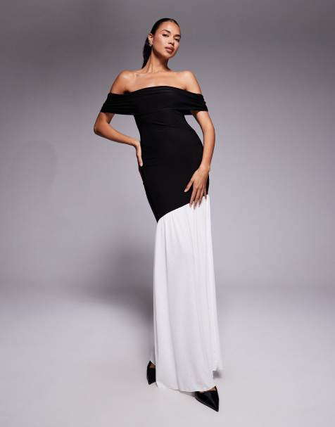 Kaiia – Exclusive – Figurbetontes, zweilagiges Maxikleid in Schwarz-Weiß mit umgeschlagenem Carmen-Ausschnitt und asymmetrischem Kontrastsaum - view 1