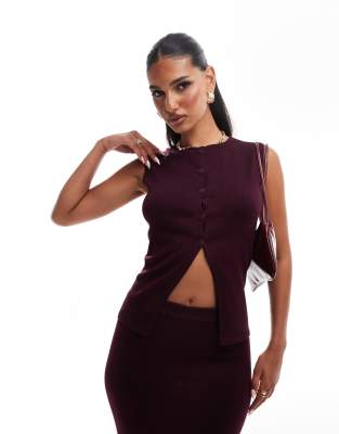 exclusive fine knit button up longline vest in burgundy - part of a set-Red