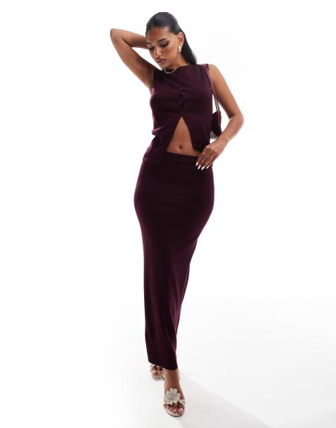 Kaiia exclusive fine knit column maxi skirt in burgundy - part of a set - view 1