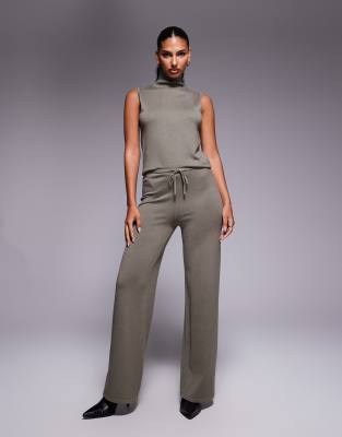 Kaiia Kaiia exclusive fine knit drawstring trouser co-ord in olive-Green