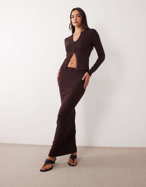 Kaiia exclusive fine knit maxi column skirt co-ord in brown - view 1