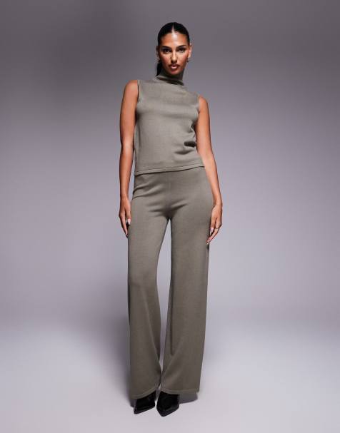 Kaiia Exclusive fine knit roll neck sleeveless top and drawstring pants set in olive - view 1