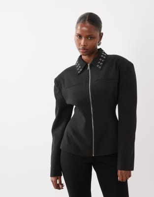 Kaiia Exclusive Fitted Cinch Waist Eyelet Collar Detail Shoulder Pad Jacket In Black