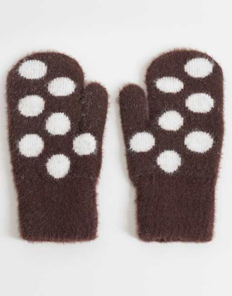 Kaiia exclusive fluffy gloves in brown and cream polka dot - view 1