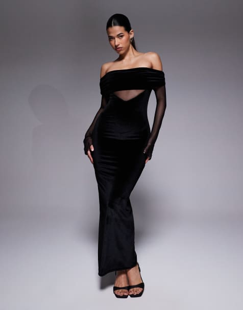 Kaiia exclusive foldover bardot sheer sleeve velvet maxi dress in black - view 1