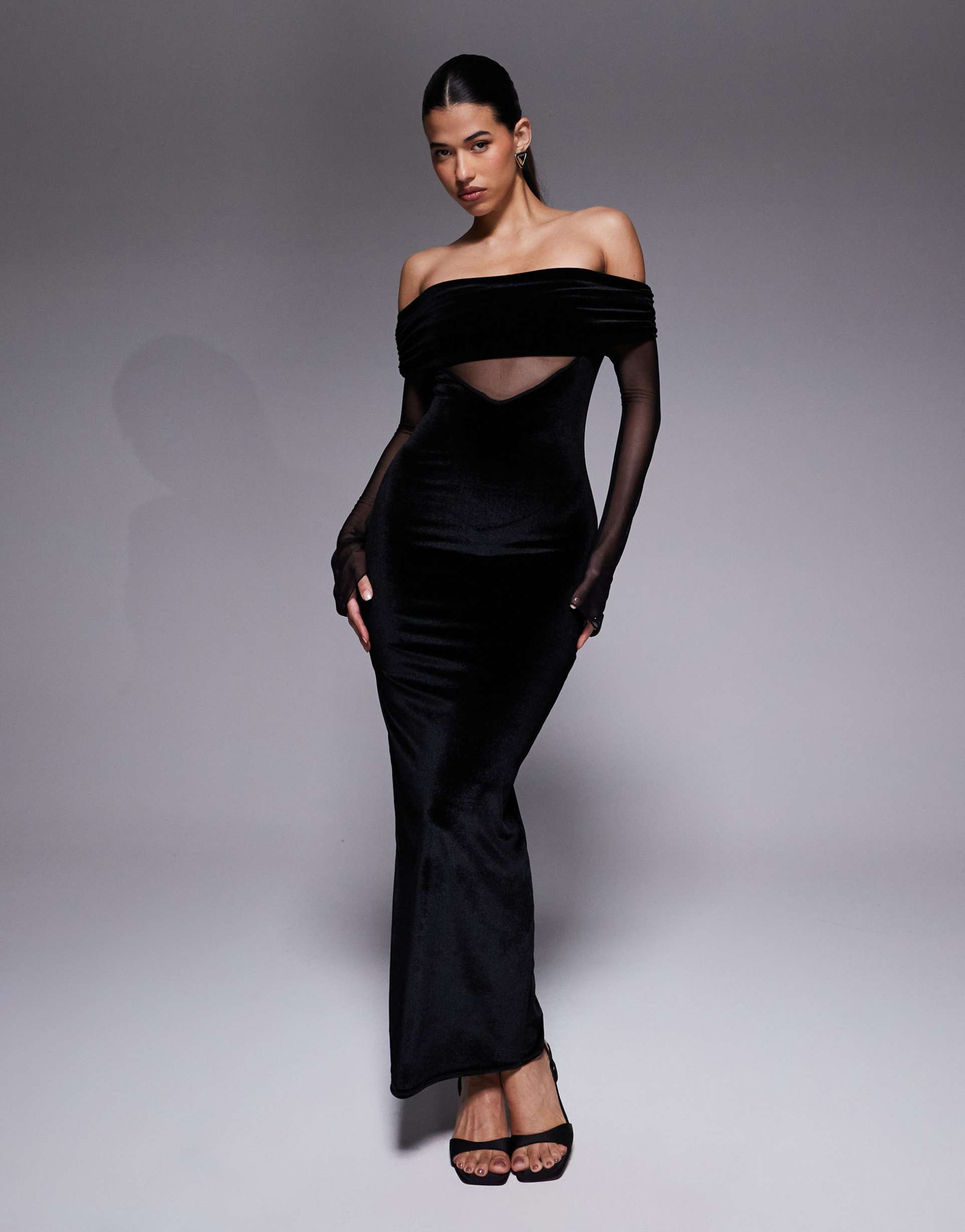 kaiia exclusive foldover bardot sheer sleeve velvet maxi dress in black