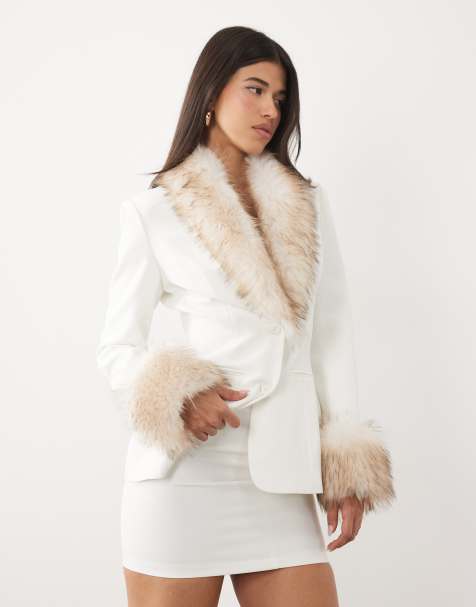 Kaiia exclusive fur lined collar and cuff cinch waist blazer and mini skirt in white - view 1