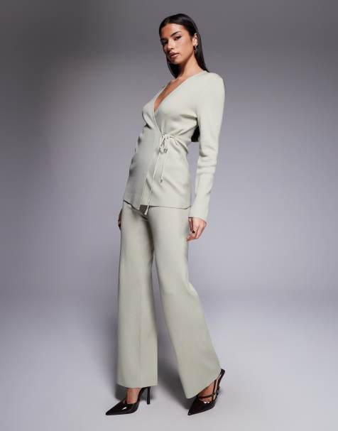 Kaiia - Exclusive - Geribbelde gebreide broek met wijde pijpen in saliegroen, deel van co-ord set - view 1