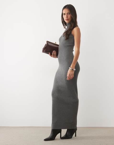 Kaiia exclusive geribbelde gebreide col maxi jurk zonder mouwen in antracietgrijs - view 1