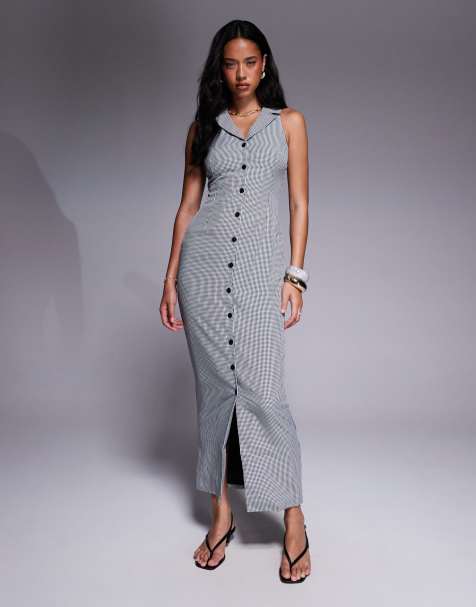 Kaiia exclusive halter neck collared button through maxi dress in black gingham - view 1