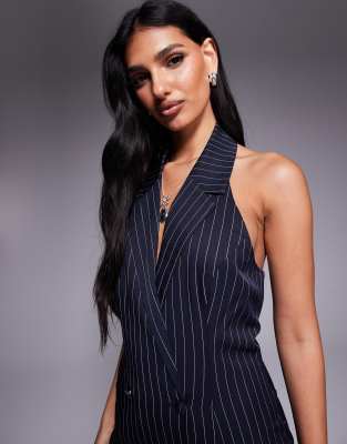 Kaiia exclusive halter neck double breasted collar detail slit front maxi  dress in navy pinstripes | ASOS