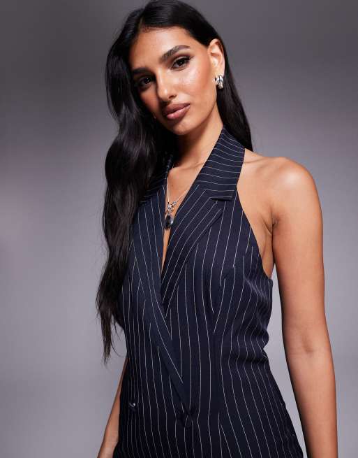Kaiia exclusive halter neck double breasted collar detail slit front maxi dress in navy pinstripes