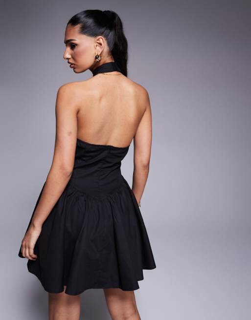 Kaiia Exclusive halterneck low back dropped V-waist mini dress in black, 2 of 4