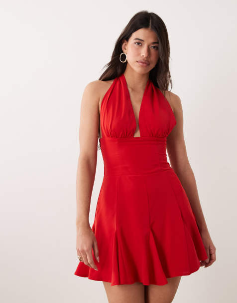 Kaiia exclusive halterneck plunge godet hem mini dress in red - view 1