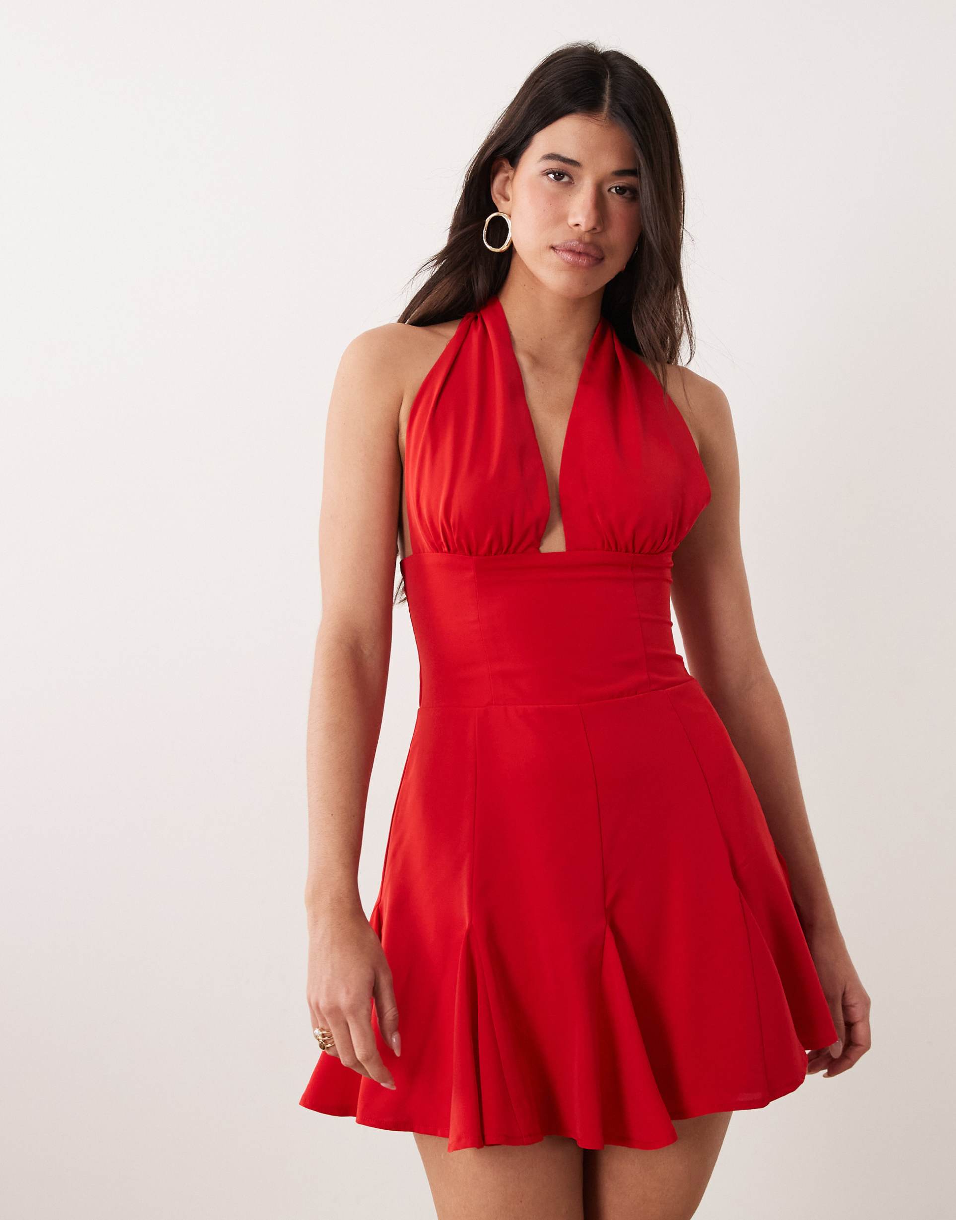 kaiia exclusive halterneck plunge godet hem mini dress in red
