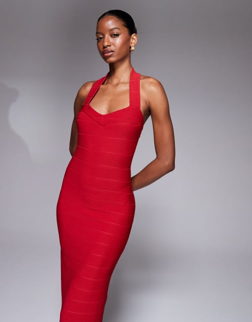 Kaiia exclusive halterneck sweetheart neckline bandage midaxi dress in red