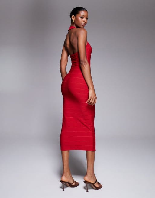 Kaiia exclusive halterneck sweetheart neckline bandage midaxi dress in red
