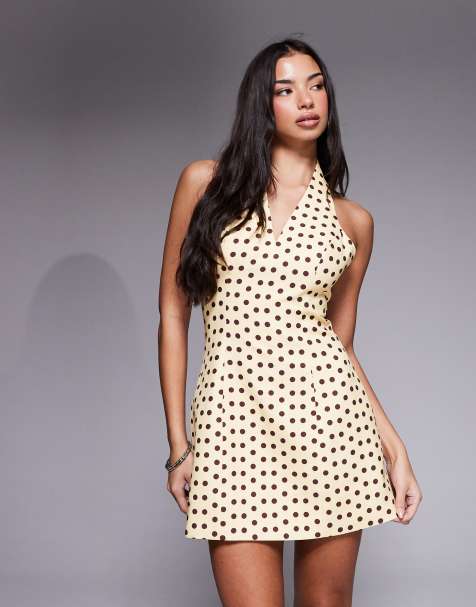 Kaiia exclusive halterneck tailored mini dress in yellow and brown polka dot