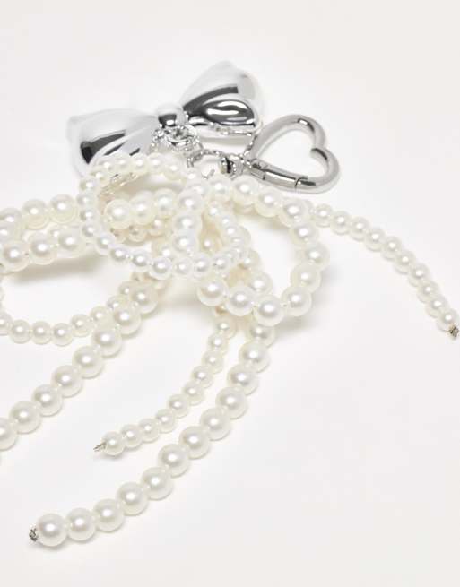 Kaiia exclusive heart carabiner pearl and chrome bow bag charm in silver, 3 of 3
