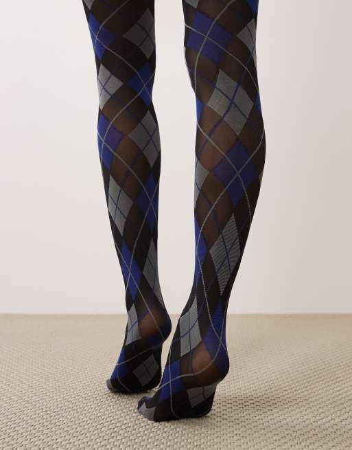 Kaiia exclusive heritage check tights in blue and black, 3 of 3