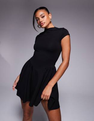 Kaiia Exclusive High Neck Cap Sleeve Pleated Mini Dress