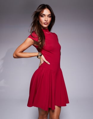 Exclusive high neck cap sleeve pleated mini dress in red