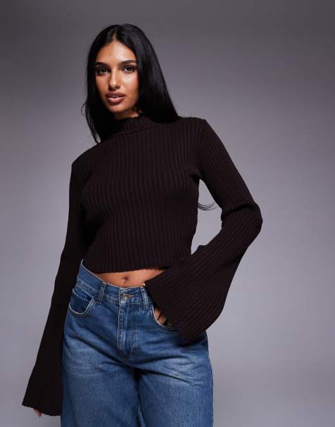 Kaiia exclusive high neck flare sleeve jumper in brown - view 1