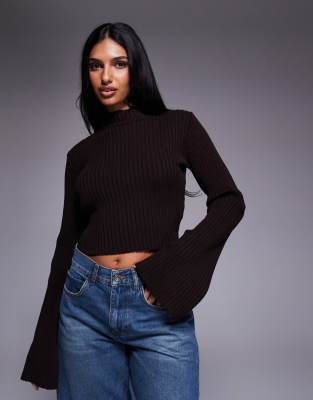 Kaiia Exclusive High Neck Flare Sleeve Sweater In Black