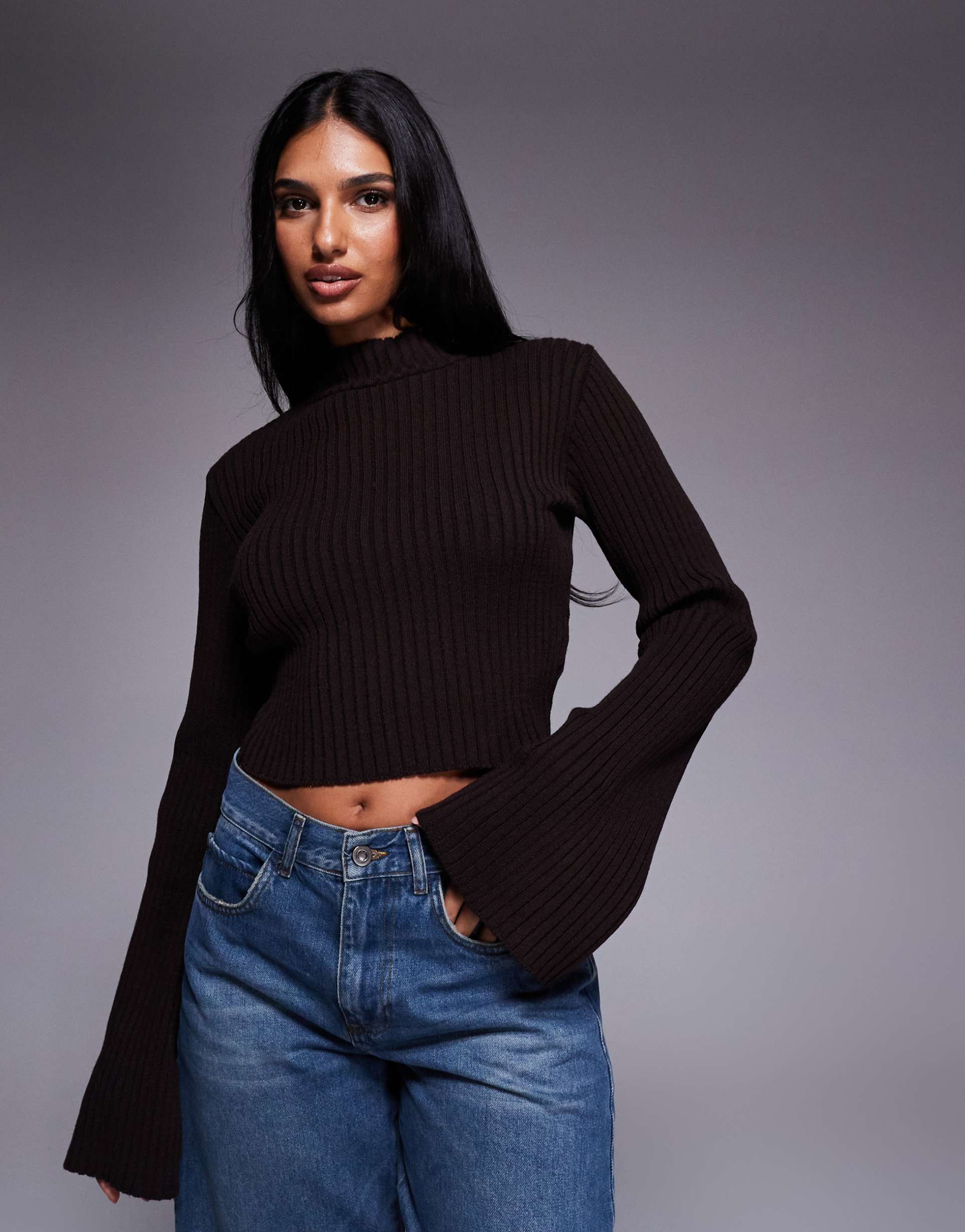 kaiia exclusive high neck flare sleeve sweater in brown