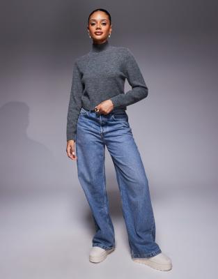 Kaiia Exclusive High Neck Knit Flared Sleeve Relaxed Sweater In Gray