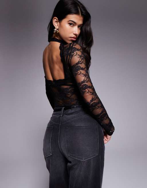 Kaiia exclusive high neck scalloped lace open back bodysuit in