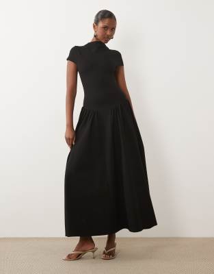 Kaiia Exclusive High Neck Short Sleeve Fit And Flare Basque Dropped Waist Detail Maxi Dress In Black