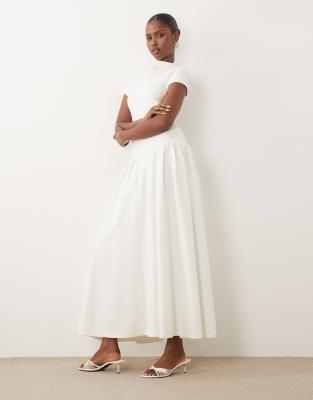 Kaiia Exclusive High Neck Short Sleeve Fit And Flare Basque Dropped Waist Detail Maxi Dress In White