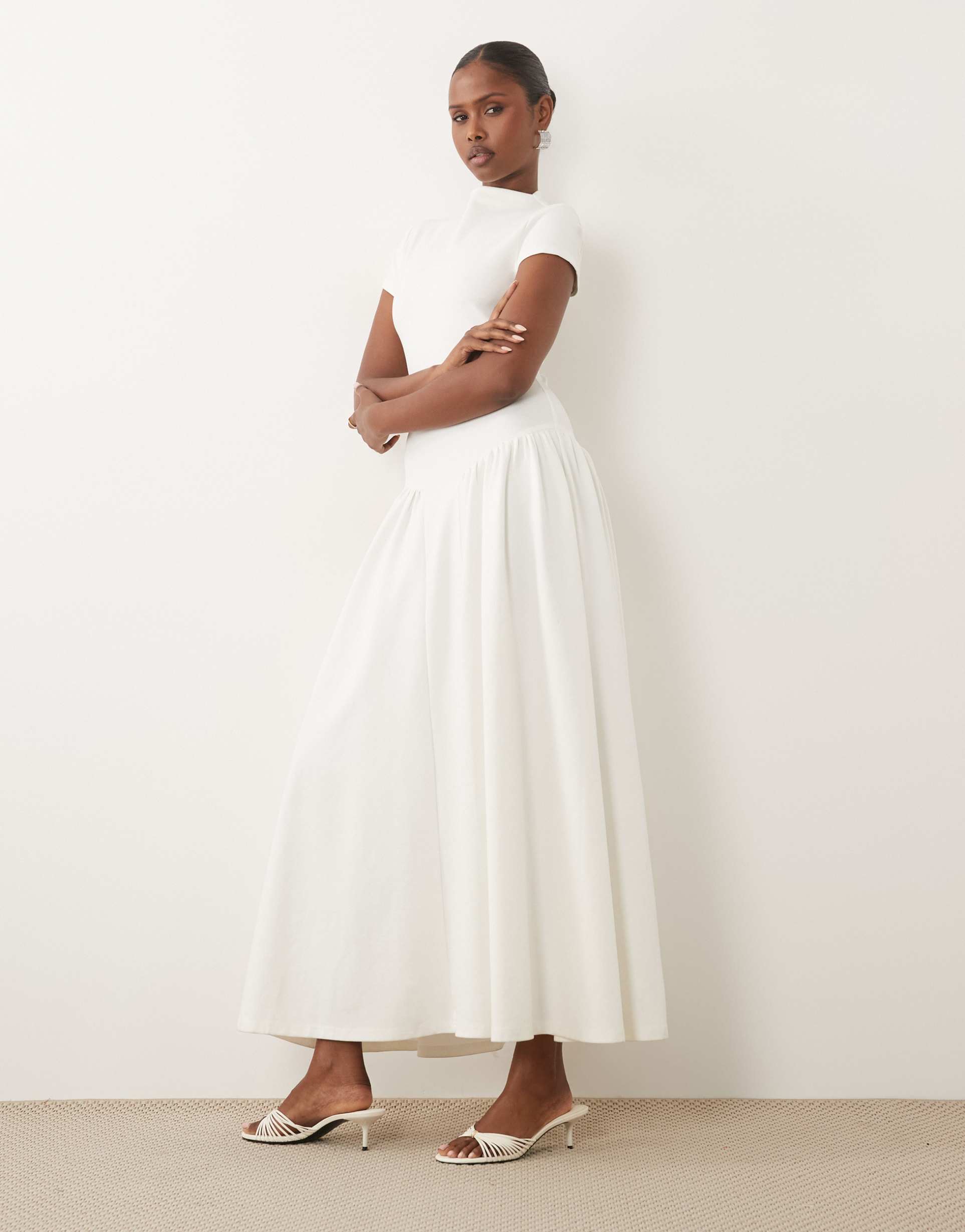 kaiia exclusive high neck short sleeve fit and flare basque dropped waist detail maxi dress in white