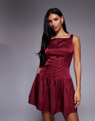 Kaiia Exclusive High Square Neck Button Front Gathered Skirt Mini Dress In Red