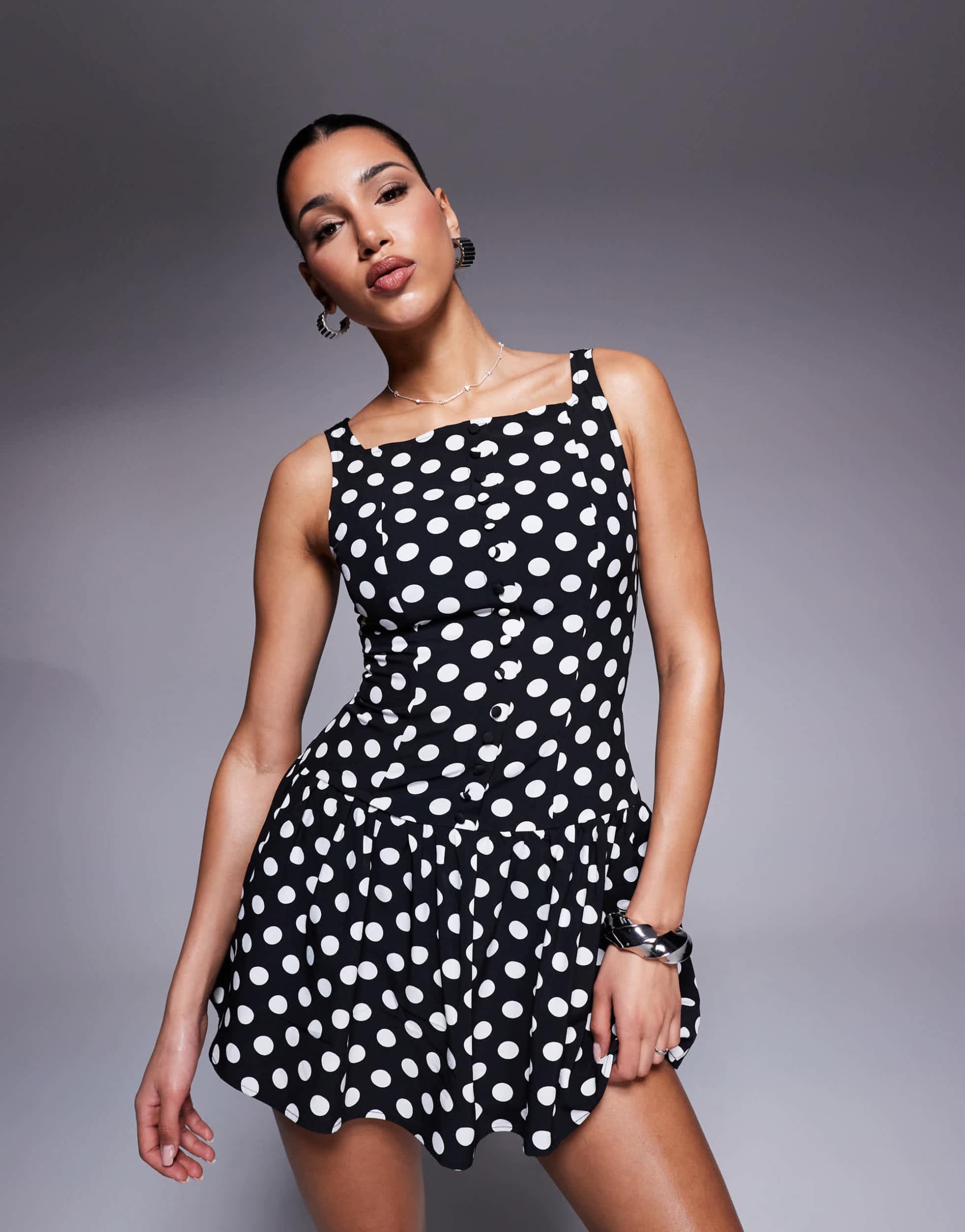 kaiia exclusive high square neck button front gathered skirt mini dress in mono polka dot