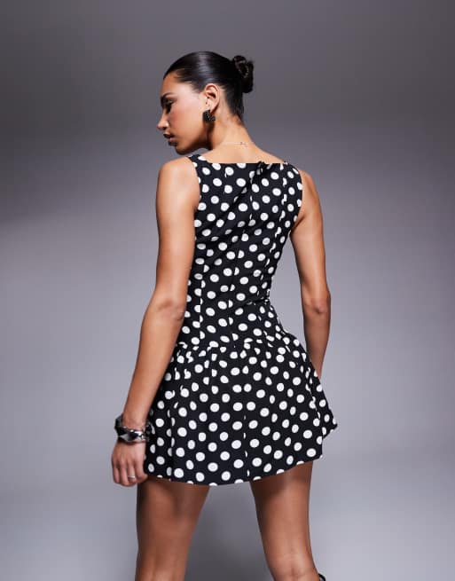 Kaiia exclusive high square neck button front gathered skirt mini dress in mono polka dot