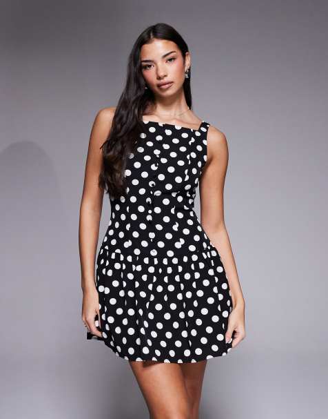 Kaiia exclusive high square neck button front gathered skirt mini dress in mono polka dot