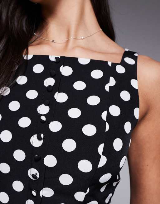 Kaiia exclusive high square neck button front gathered skirt mini dress in mono polka dot, 2 of 4