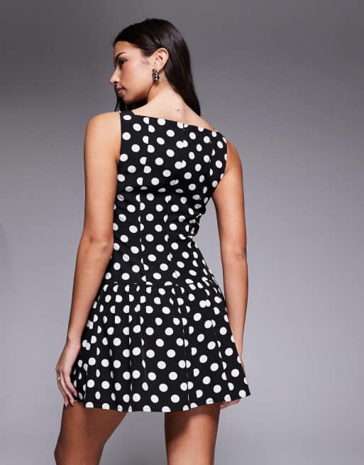 Kaiia exclusive high square neck button front gathered skirt mini dress in mono polka dot, 3 of 4