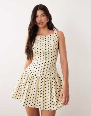 Kaiia exclusive high square neck button front gathered skirt mini dress in yellow and black polka dot
