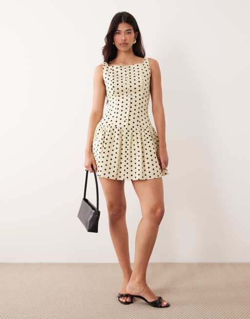 Kaiia exclusive high square neck button front gathered skirt mini dress in yellow and black polka dot, 2 of 4